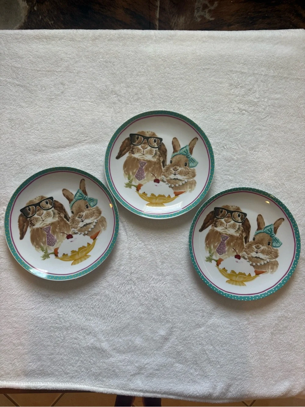 Pier 1 Bunny Dessert Plates with Teal Trim (Set of 3)